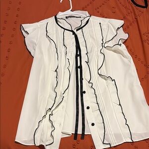 White Ruffled Blouse with Black Trim and Ribbon
